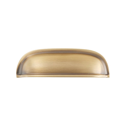 Solid brass rounded dome cup pull in Burnished Brass finish on a white background.