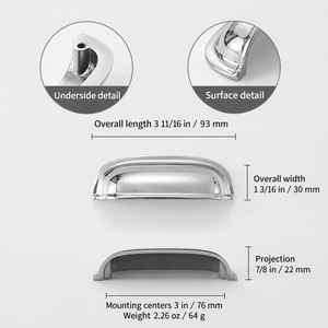 Dimensions diagram for the solid brass rounded dome cup pull in Polished Chrome: 3 in / 76 mm mounting centers, 3 11/16 in / 93 mm overall length, 1 3/16 in / 30 mm width, 7/8 in / 22 mm projection; 2.26 oz / 64 g.