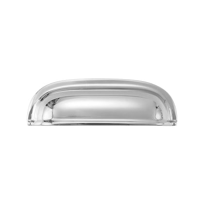 Solid brass rounded dome cup pull in Polished Chrome finish on a white background.