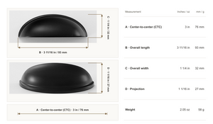 Matte Black Smooth Half-Moon Cup Pull dimensions: 3 in / 76 mm center-to-center
