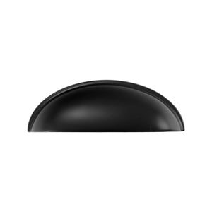 Solid brass half-moon cup pull in matte black, front view on white.