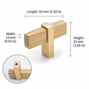 Measurements for oak wood T-bar cabinet pull with a square brass center mount, style #2.