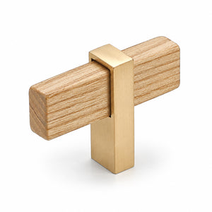 Oak wood T-bar cabinet pull with a square brass center mount, style #2.