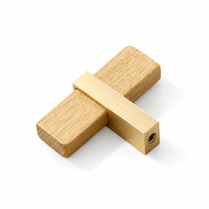 Side and mounting view of oak wood T-bar cabinet pull with a square brass center mount, style #2.