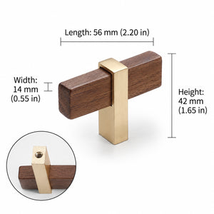 Measurements for walnut wood T-bar cabinet pull with a square brass center mount, style #2.