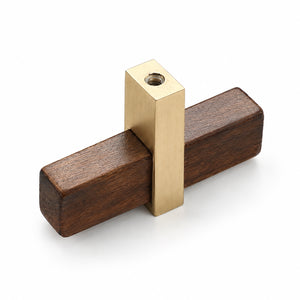 Side and mounting view of walnut wood T-bar cabinet pull with a square brass center mount, style #2.