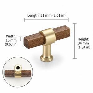 Measurements for faceted walnut wood T-bar cabinet pull with a round brass center mount, style #3.