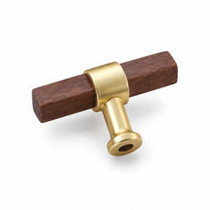 Side and mounting view of faceted walnut wood T-bar cabinet pull with a round brass center mount, style #3.