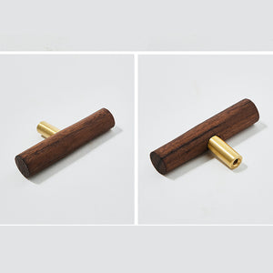 Side and mounting view of walnut wood T-bar cabinet pull on a brass stem, style #5.