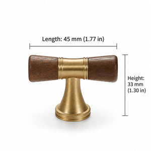 Measurements for dark wood-ended brass T-bar cabinet pull, style #6 Brass.