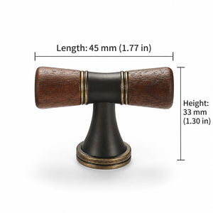 Measurements for dark wood-ended coffee-finish T-bar cabinet pull, style #6 Coffee.