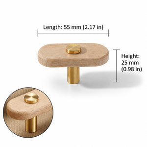 Measurements for oval beech wood T-bar cabinet pull with brass stem and top stud, style #7.