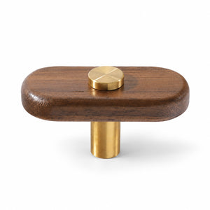 Oval walnut wood T-bar cabinet pull with brass stem and top stud, style #7.