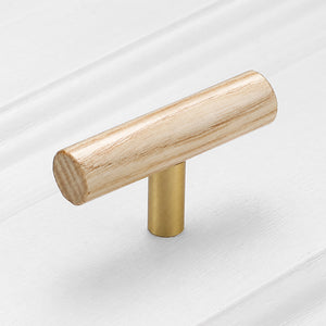 Side and mounting view of slim beech wood T-bar cabinet pull with brass stem, style #8.