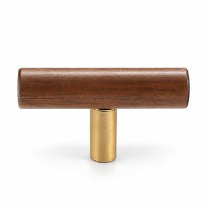 Slim walnut wood T-bar cabinet pull with brass stem, style #8.