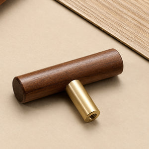 Side and mounting view of slim walnut wood T-bar cabinet pull with brass stem, style #8.