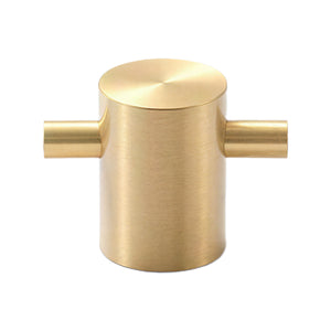 Brass-tone T-bar cabinet pull with a cylindrical crossbar, option No. 1.