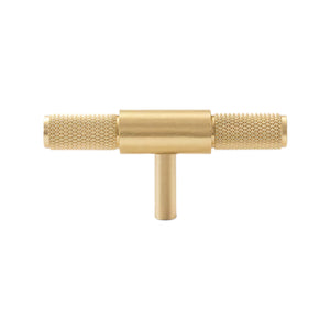 Brass-tone T-bar cabinet pull with diamond-knurled ends and a smooth center, option No. 8.