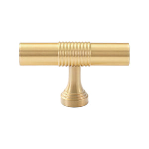 Brass-tone T-bar cabinet pull with a ring-ribbed center, option No. 10.