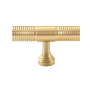 Brass-tone T-bar cabinet pull with ring-ribbed ends and a smooth center, option No. 11.