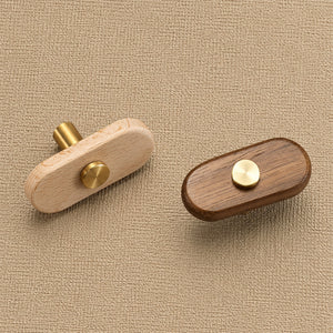 Beech and walnut oval T-bar cabinet pulls with brass stems, showing front and rear views.