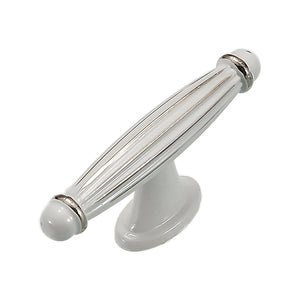 White T-bar pull with a fluted spindle, silver-tone rings and center post, option No. 16.