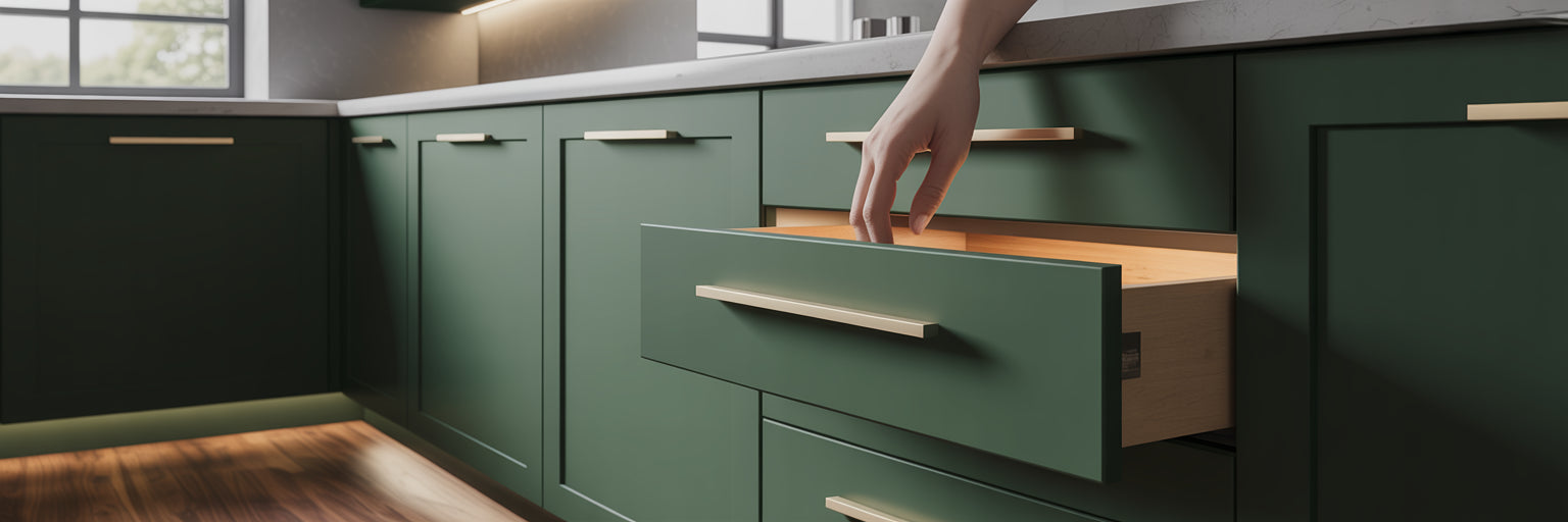 Hand opening drawer with brass cabinet edge pull