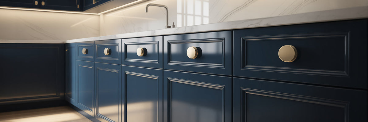 Modern kitchen with brass recessed cabinet pulls