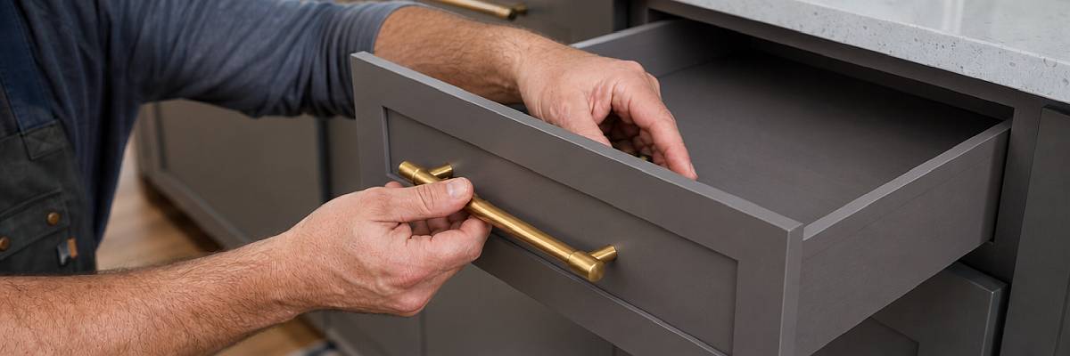 Installing a brass kitchen handle on a drawer