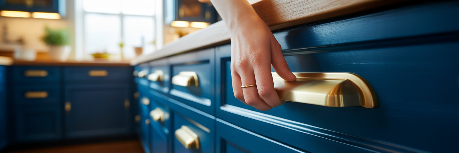 A person opening a drawer with a brass kitchen handle.