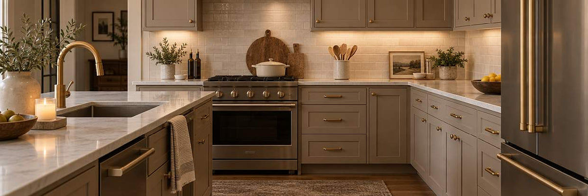 Brass-toned pulls on neutral kitchen cabinets and drawers