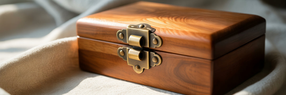 Small brass box hinges on wooden jewelry box