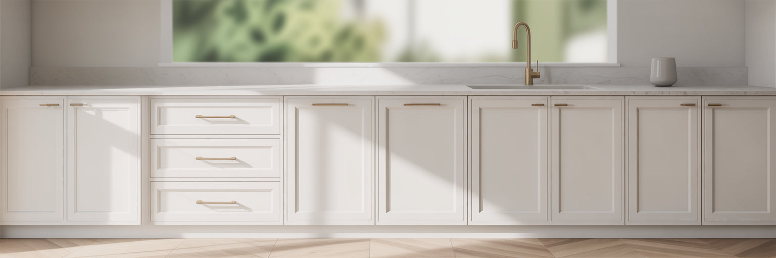 Small modern kitchen with space-saving cabinet hardware.