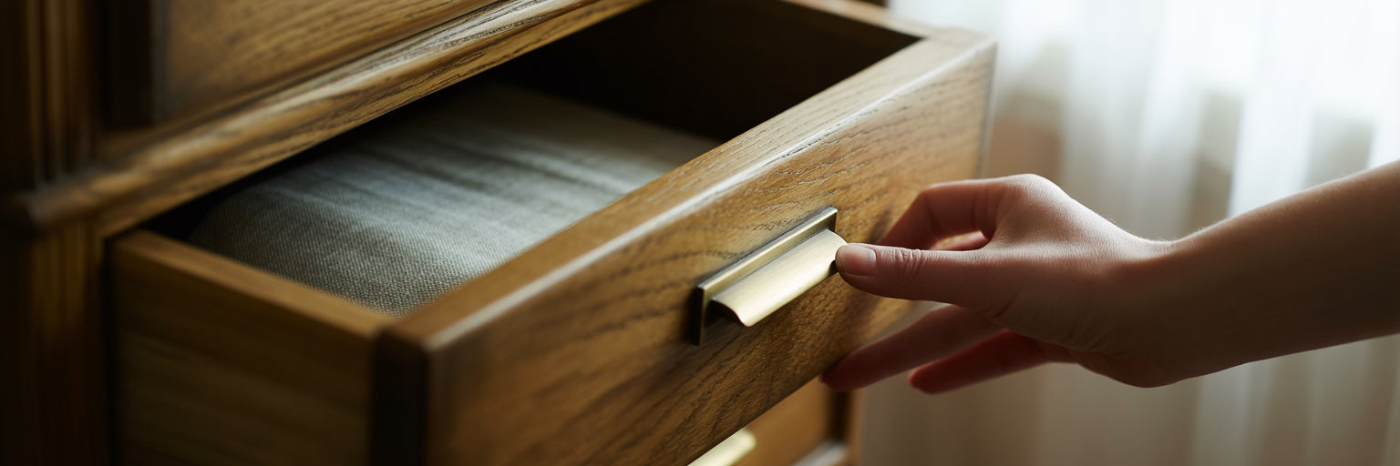 Hand opening drawer with wood and brass pull