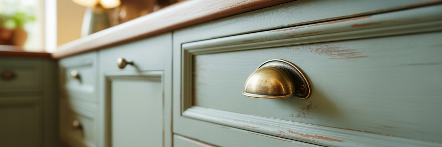 Brass cabinet cup pull on kitchen drawer