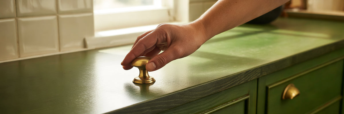 Hand using a brass finger pull on a cabinet.