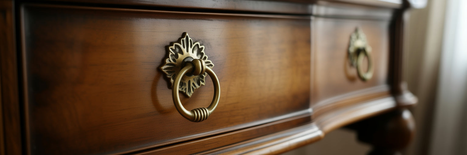 Close-up of antique brass ring pulls for cabinets.