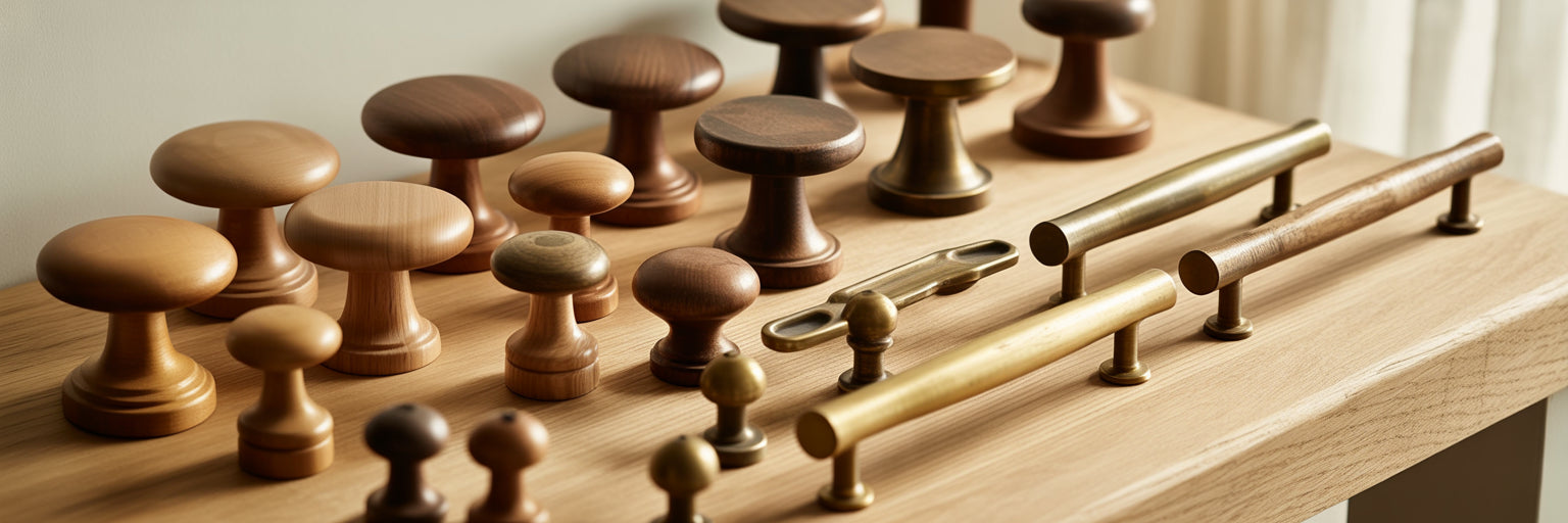 Assortment of wood cabinet pulls and knobs
