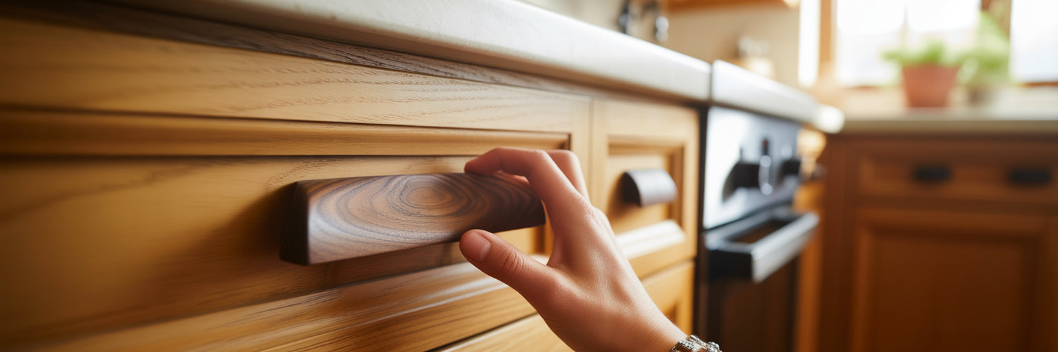 A hand touching a wood drawer pull