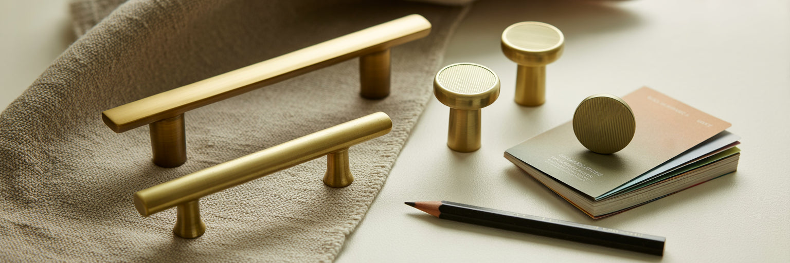 Brass cabinet knobs and pulls arranged for selection.