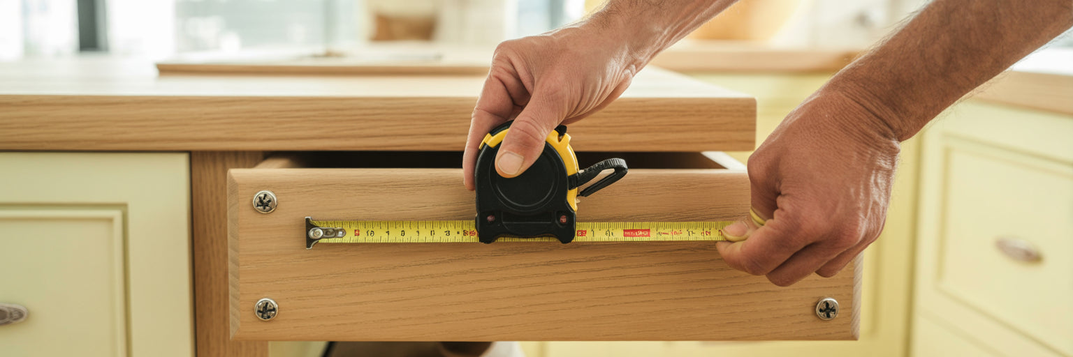 Person measuring drawer pull holes with tape measure