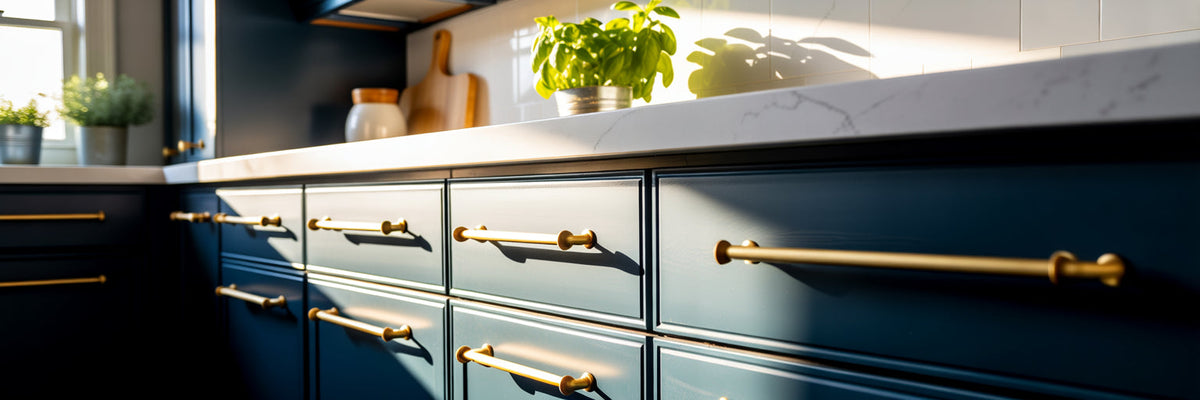 Modern kitchen cabinets with new hardware.