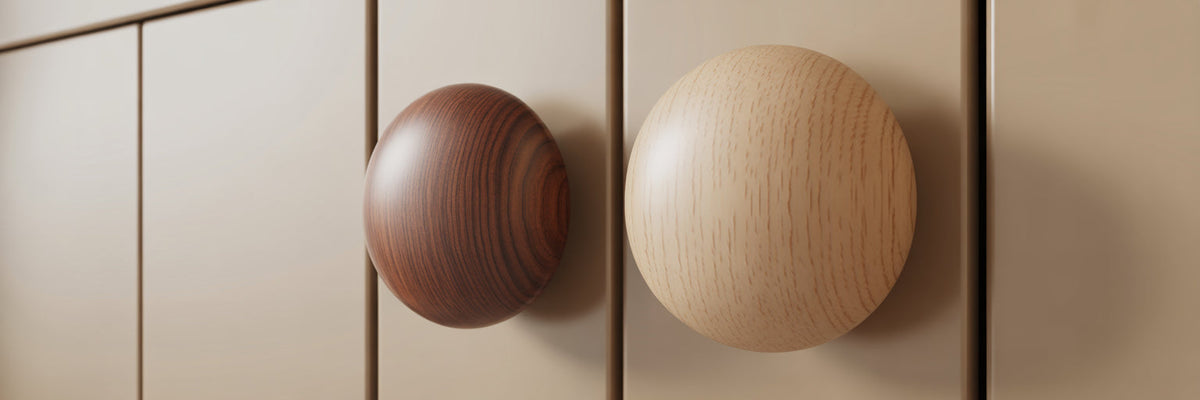 Walnut and beech wood cabinet hardware comparison.
