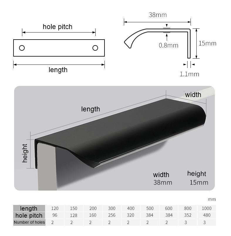 Alloy Cabinet Edge Pulls - Matte Gold Finish Decorative Hardware - Black 150mm / 1pc