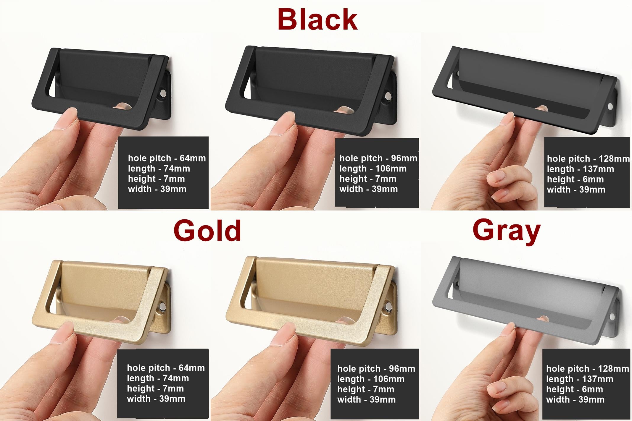 Alloy Flush Cabinet Pulls - Black Finish for Cabinets & Drawers - Black 96mm / 1pc