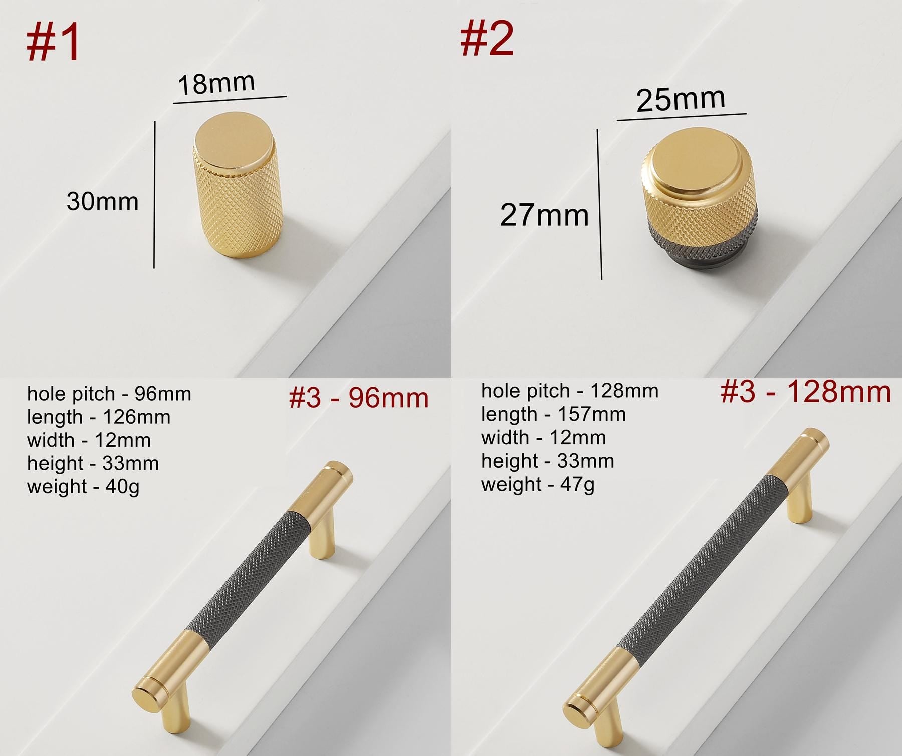 Alloy Knurled Cabinet Pulls & Knobs - Brushed Gold Finish Hardware - #2 / 1pc