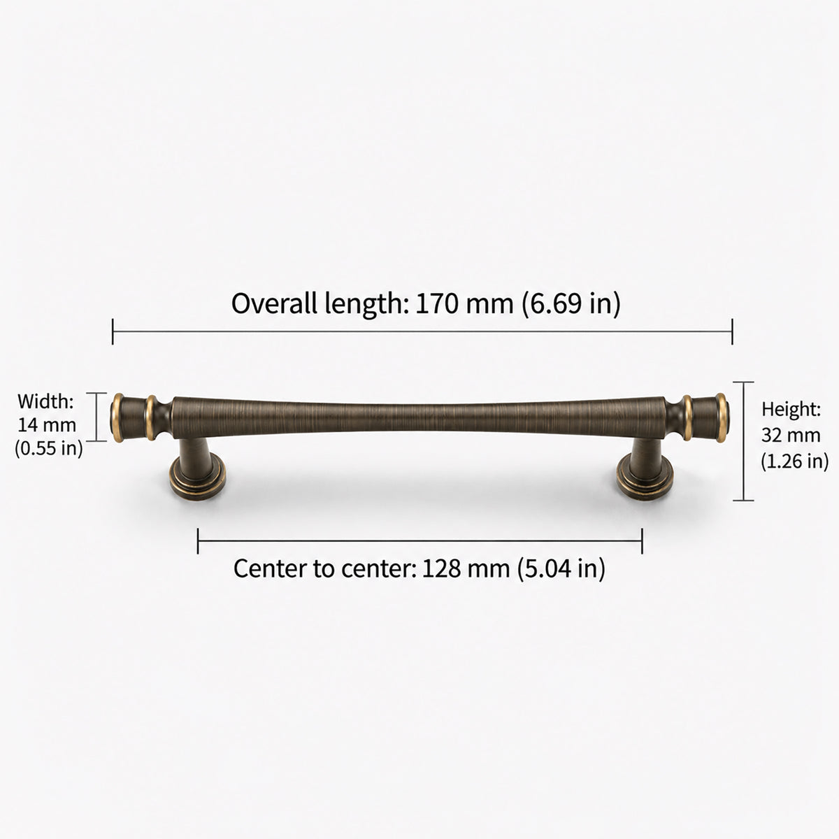 Measurements for dark antique brass bar cabinet pull with turned cylindrical ends, style #1 (128 mm).