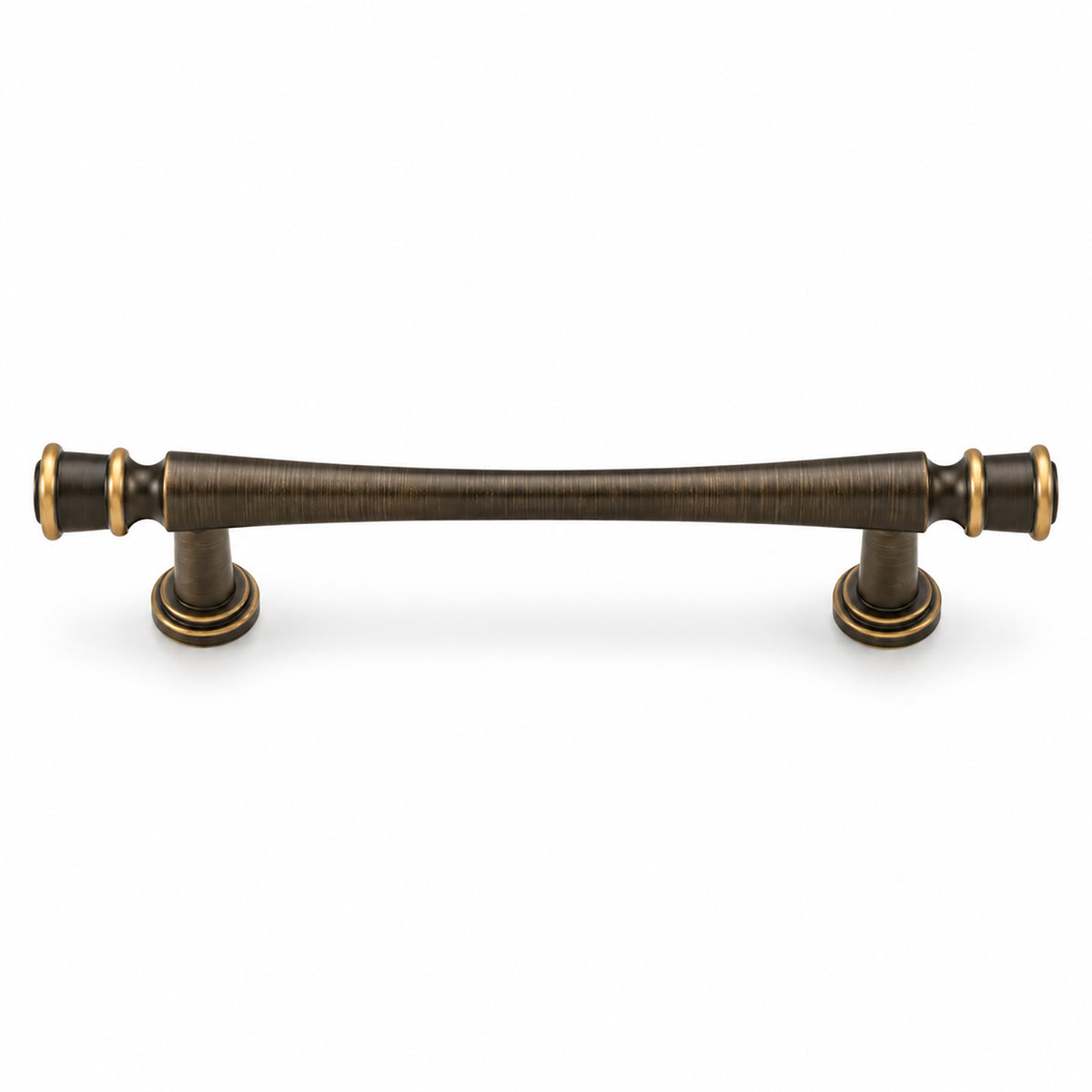 Dark antique brass bar cabinet pull with turned cylindrical ends, style #1 (128 mm).