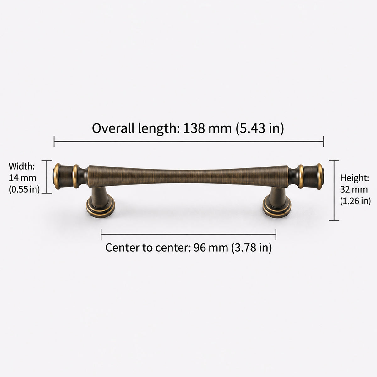 Measurements for dark antique brass bar cabinet pull with turned cylindrical ends, style #1 (96 mm).