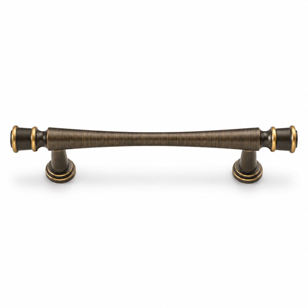 Dark antique brass bar cabinet pull with turned cylindrical ends, style #1 (96 mm).